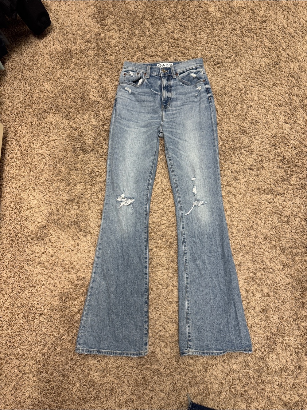 DAZE High-Rise Light Blue Flare Jeans with Distressed Knees